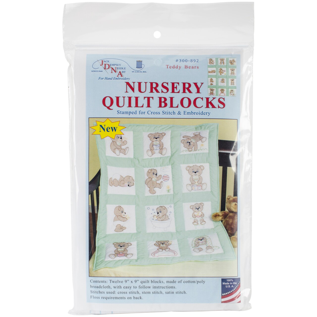Jack Dempsey Stamped White Nursery Quilt Blocks 9"X9" 12/Pkg-Teddy Bears